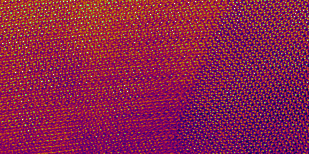 High angle annular dark field (HAADF) scanning transmission electron microscopy (STEM) image of a grain boundary in spinel cobalt oxide.  Cobalt oxide is a promising catalyst for oxygen evolution, and grain boundaries can have unique atomic arrangements which influence the catalytic activity of polycrystalline materials.