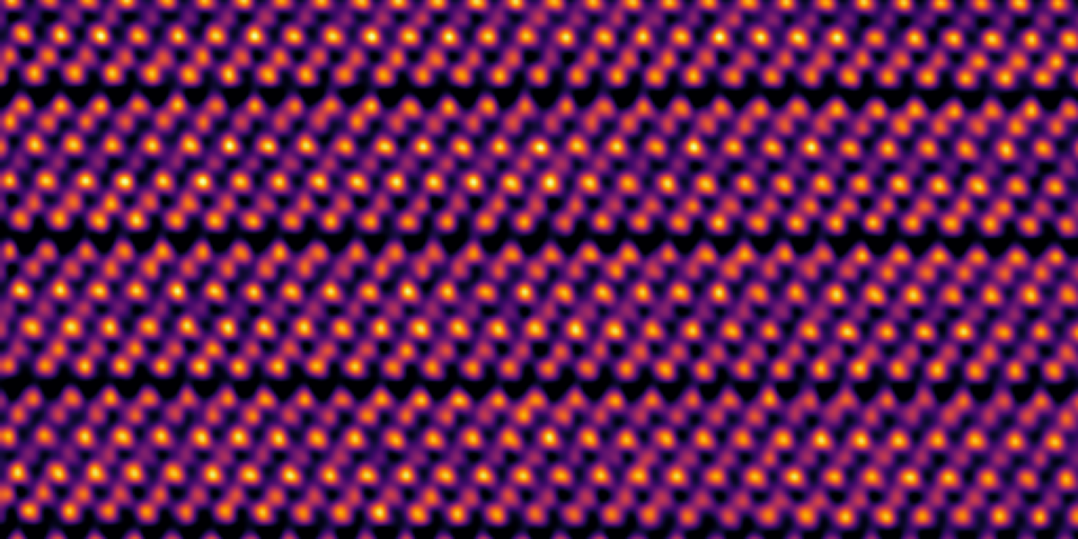 High-angle annular dark-field image showing the layered structure of the magnetic topological insulator MnSb₂Te₄.